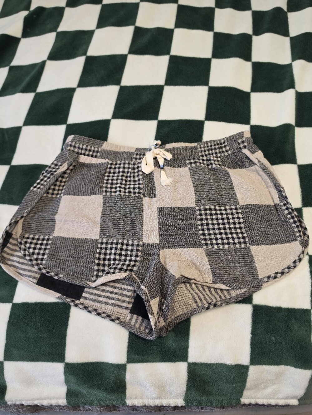 Gilded Intent Black and Cream Patchwork Drawstring Shorts